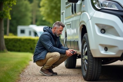 Homme vérifiant la pression des pneus d'un camping-car
