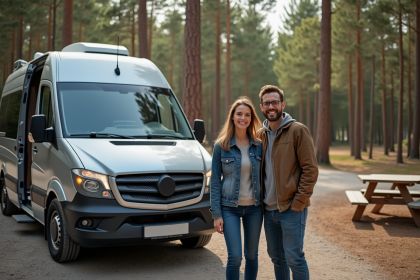 Couple souriant près d'un van moderne en forêt