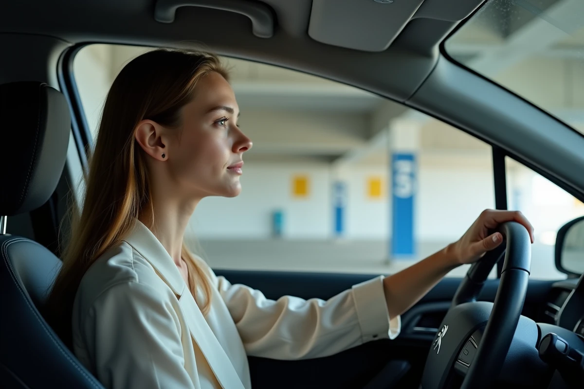 Jeune femme en conduite dans un parking souterrain avec Peugeot 3008