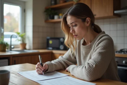 Femme examinant un contrat d'assurance voiture à la maison