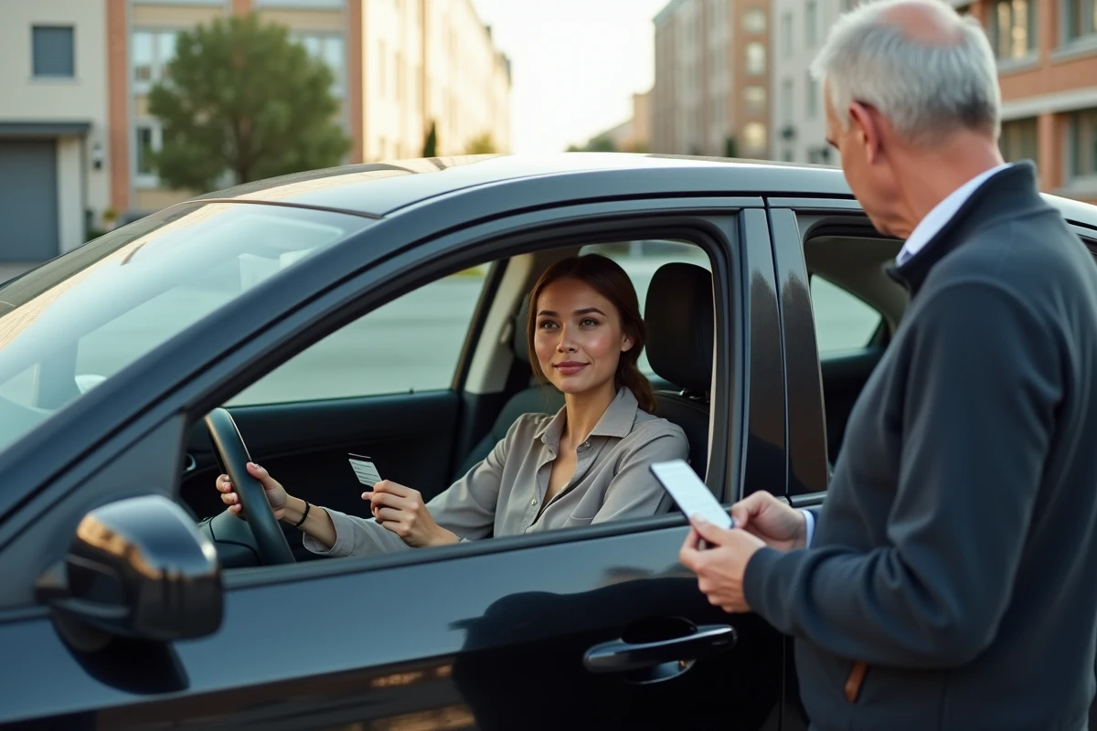 Jeune femme montrant son permis à un ami dans une voiture en ville