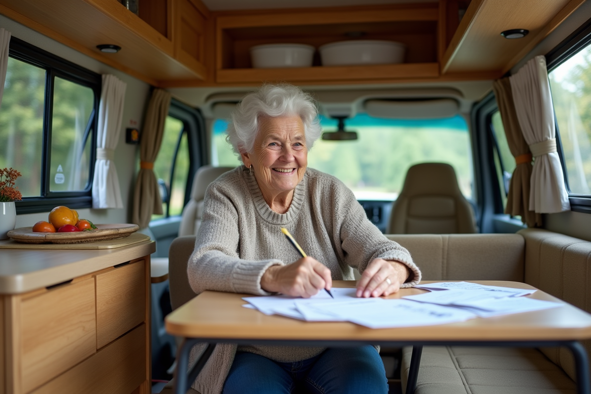 Femme âgée triant reçus dans un intérieur de camping-car