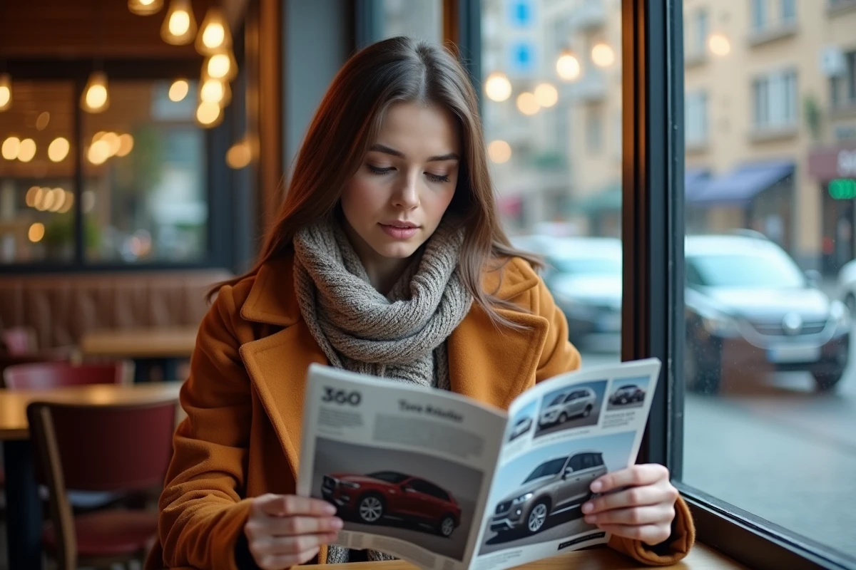 Femme lisant un magazine auto dans un café chaleureux