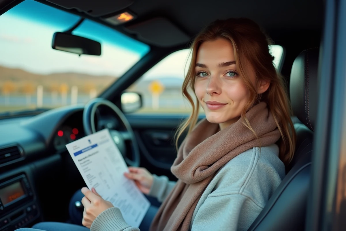 Femme tenant papiers dans une Nissan Silvia au poste frontière