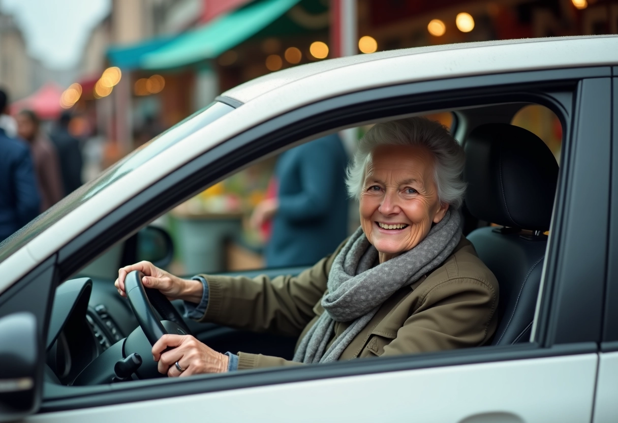 Femme retraitée souriante dans sa voiture au marché urbain