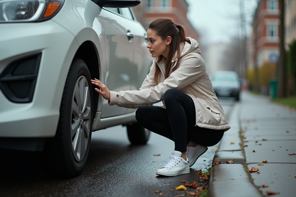Jeune femme regardant la roue de sa voiture en ville