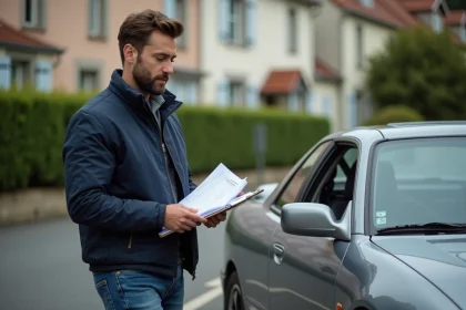 Homme vérifiant documents près d'une Nissan Silvia