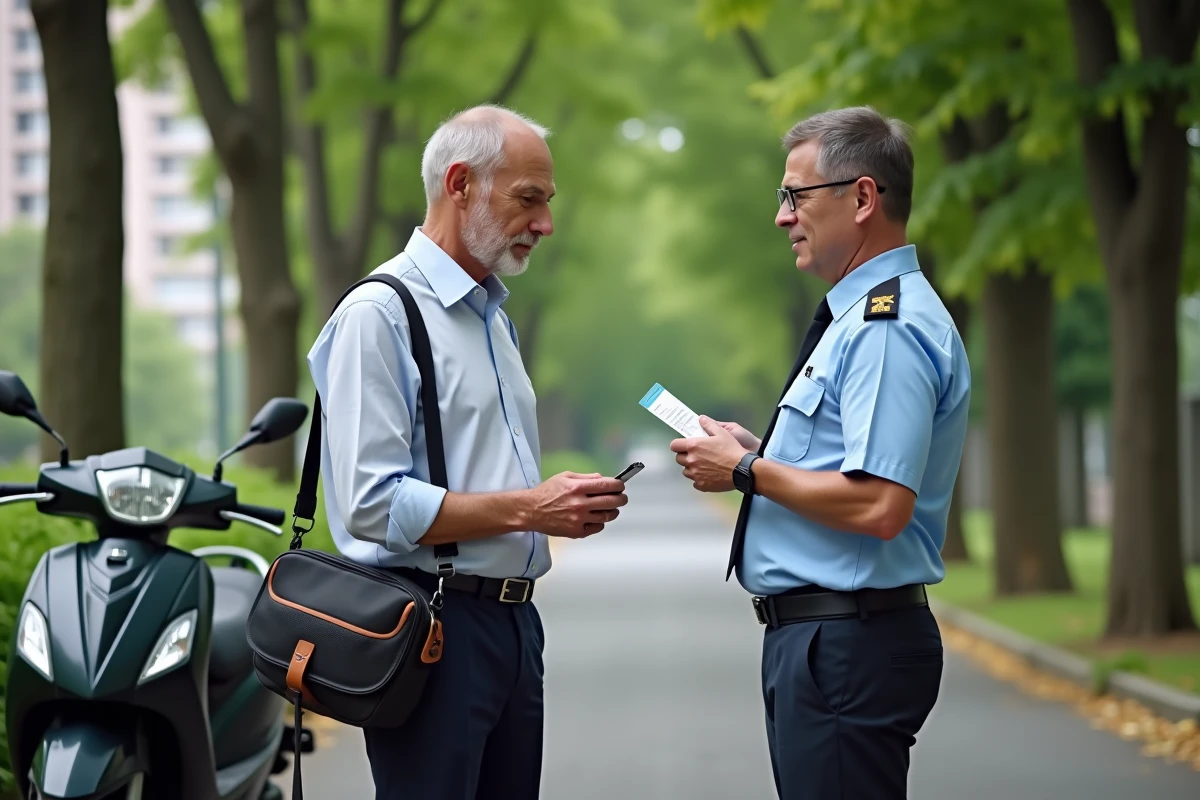 Homme montrant son permis à un agent dans quartier résidentiel