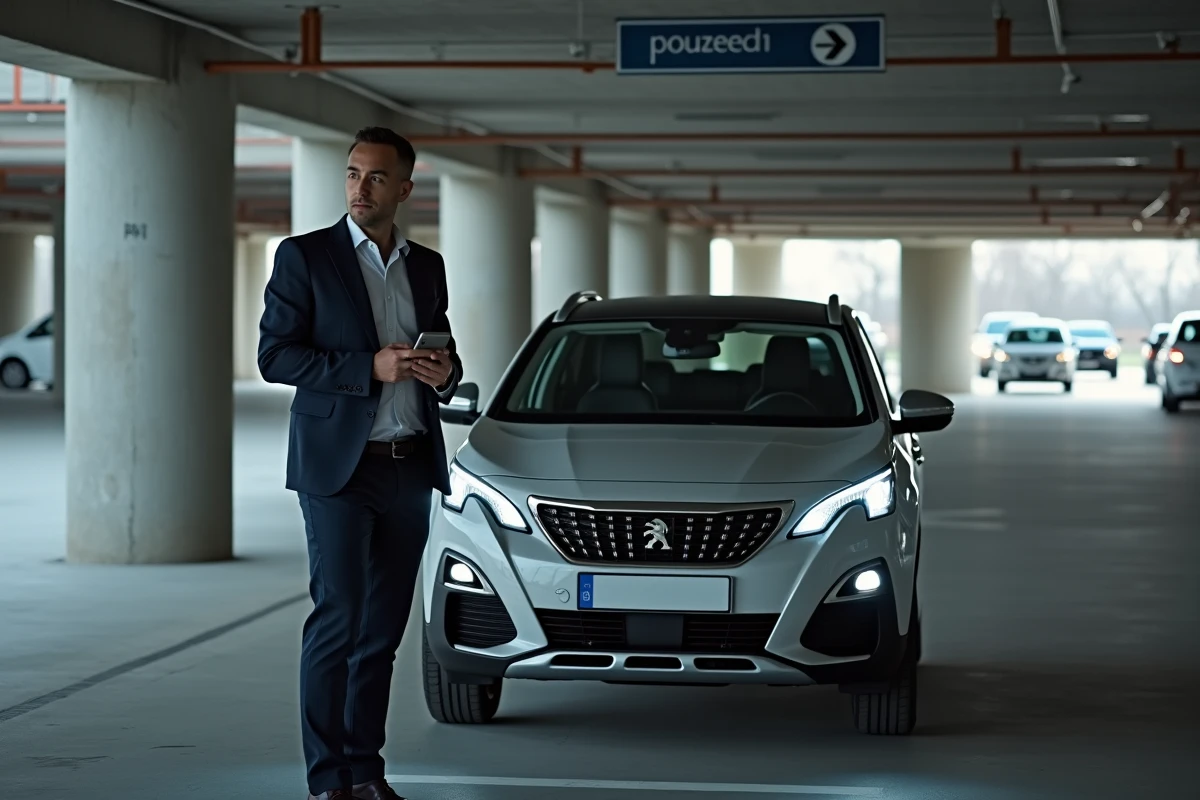 Homme d'âge moyen avec smartphone près d'une Peugeot 3008 dans un parking