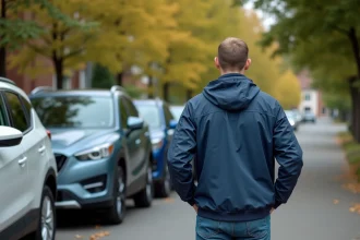 Homme admirant trois SUV neufs dans un quartier résidentiel