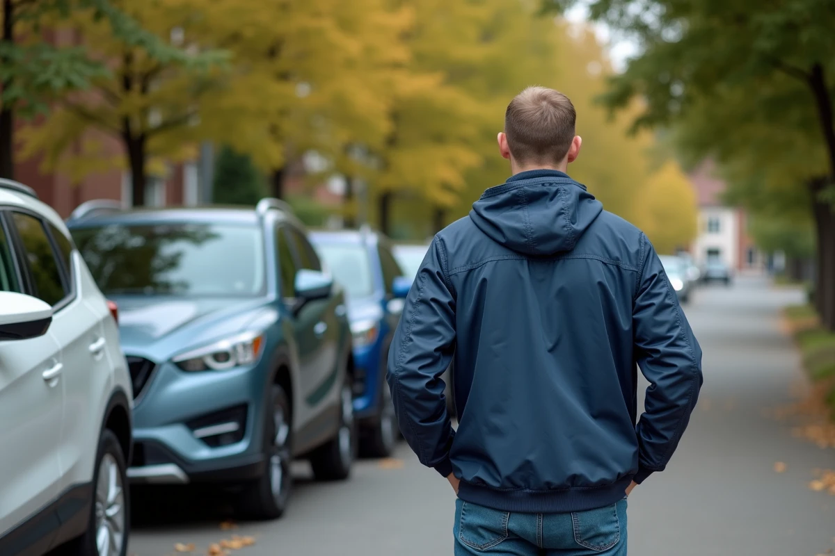Homme admirant trois SUV neufs dans un quartier résidentiel
