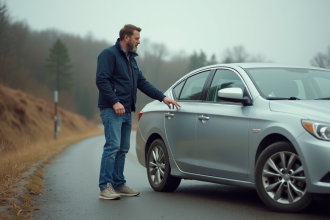 Homme d'âge moyen pointant la roue de sa voiture en campagne