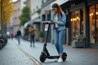 Jeune femme avec scooter électrique en ville