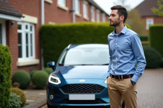 Jeune homme en tenue casual près d'une voiture moderne en banlieue