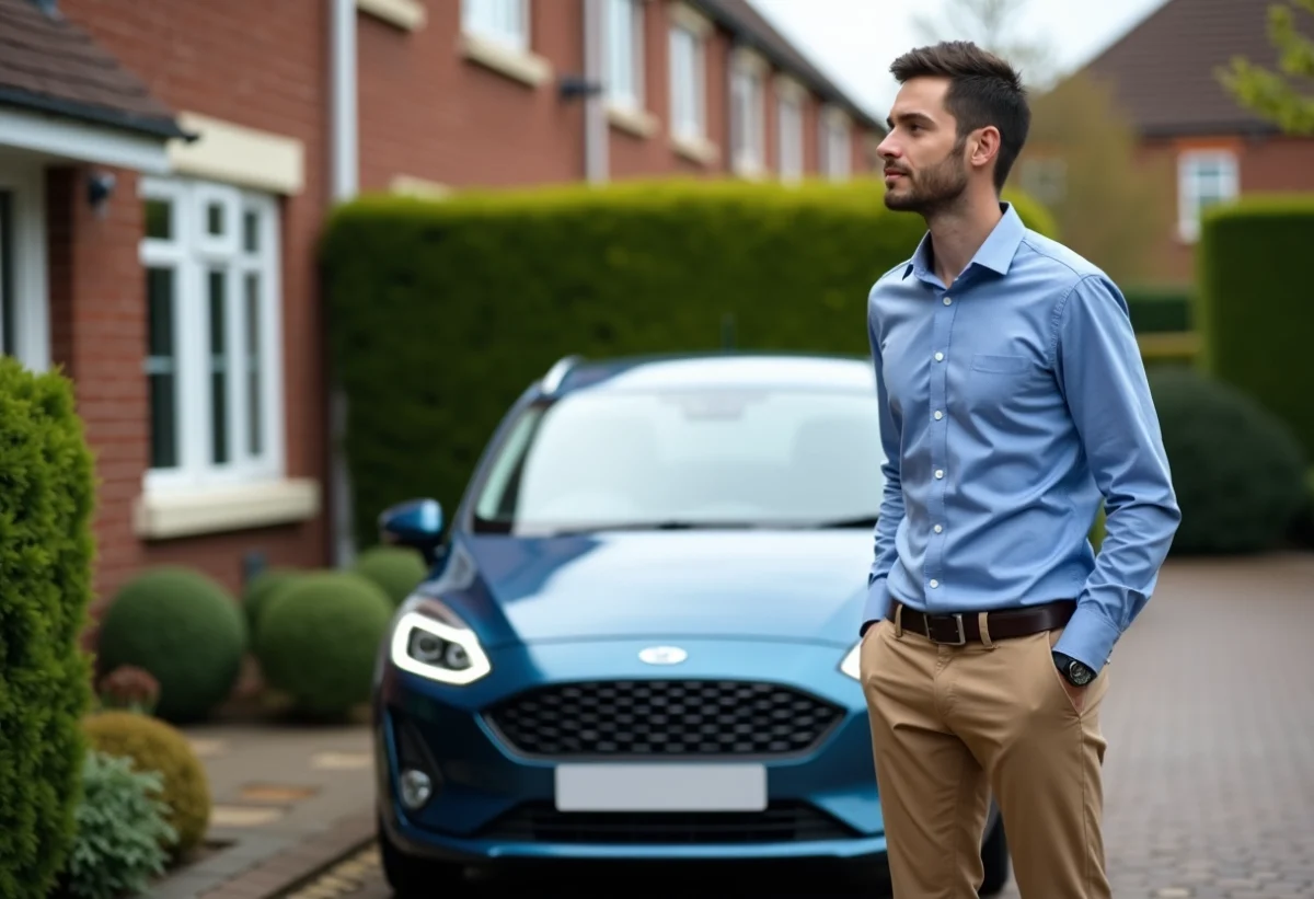 Jeune homme en tenue casual près d'une voiture moderne en banlieue