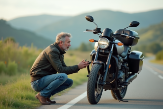 Motard d'âge moyen vérifiant le compteur de sa moto de tourisme