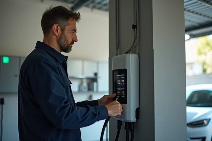 Électricien en tenue inspectant une station de charge numérique dans un garage moderne