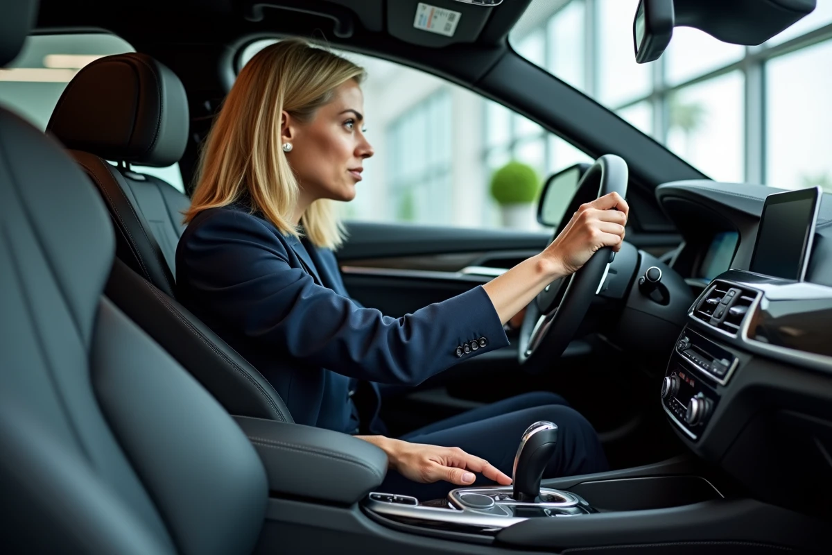 Femme examinant le tableau de bord d