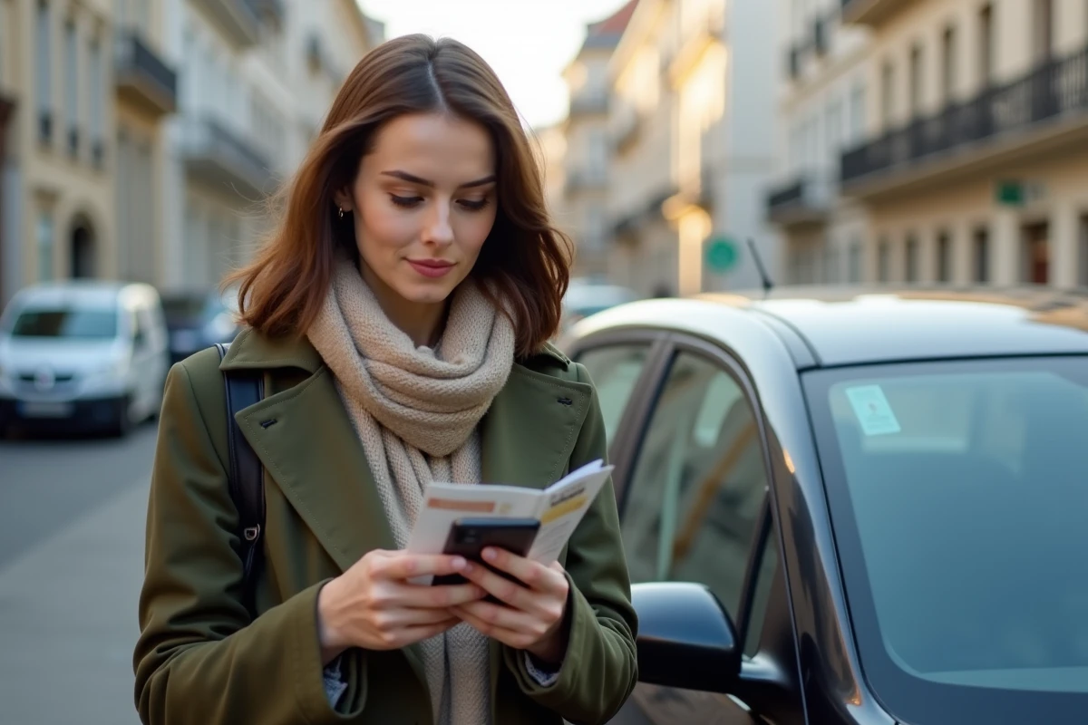 Femme française vérifiant son permis et smartphone dans la rue