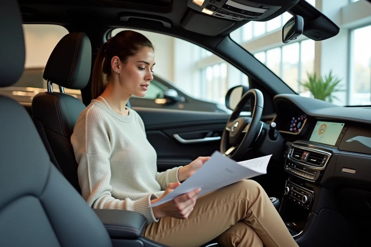 Femme dans l intérieur d un SUV de luxe examinant des documents