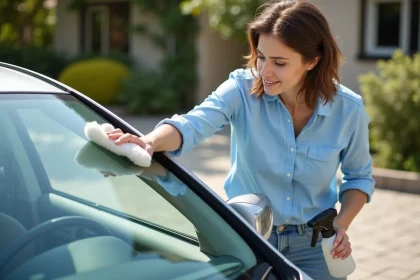 Femme nettoyant le parebrise de sa voiture en extérieur