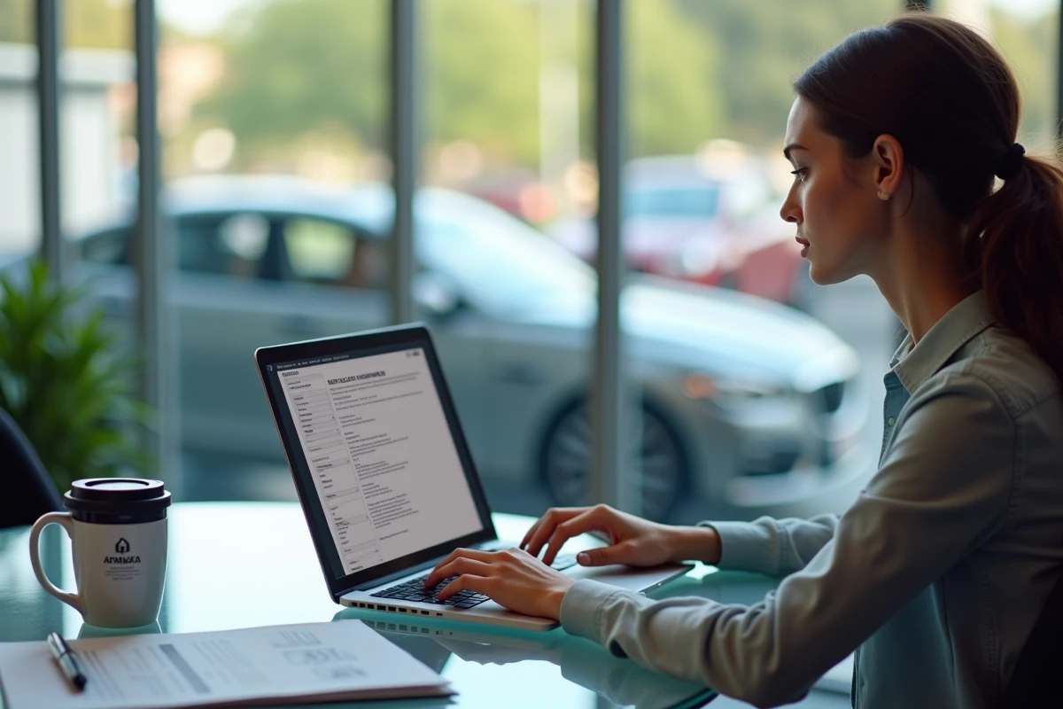 Jeune femme lisant rapport vehicule dans un bureau