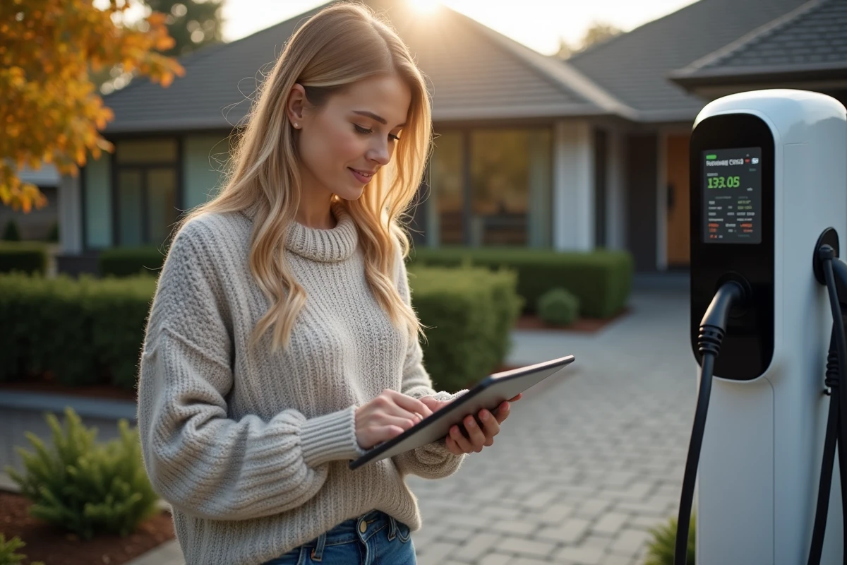 Jeune femme vérifiant des données de charge sur une tablette à côté d