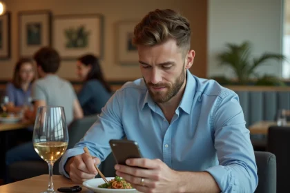 Homme en tenue décontractée regardant son smartphone au restaurant