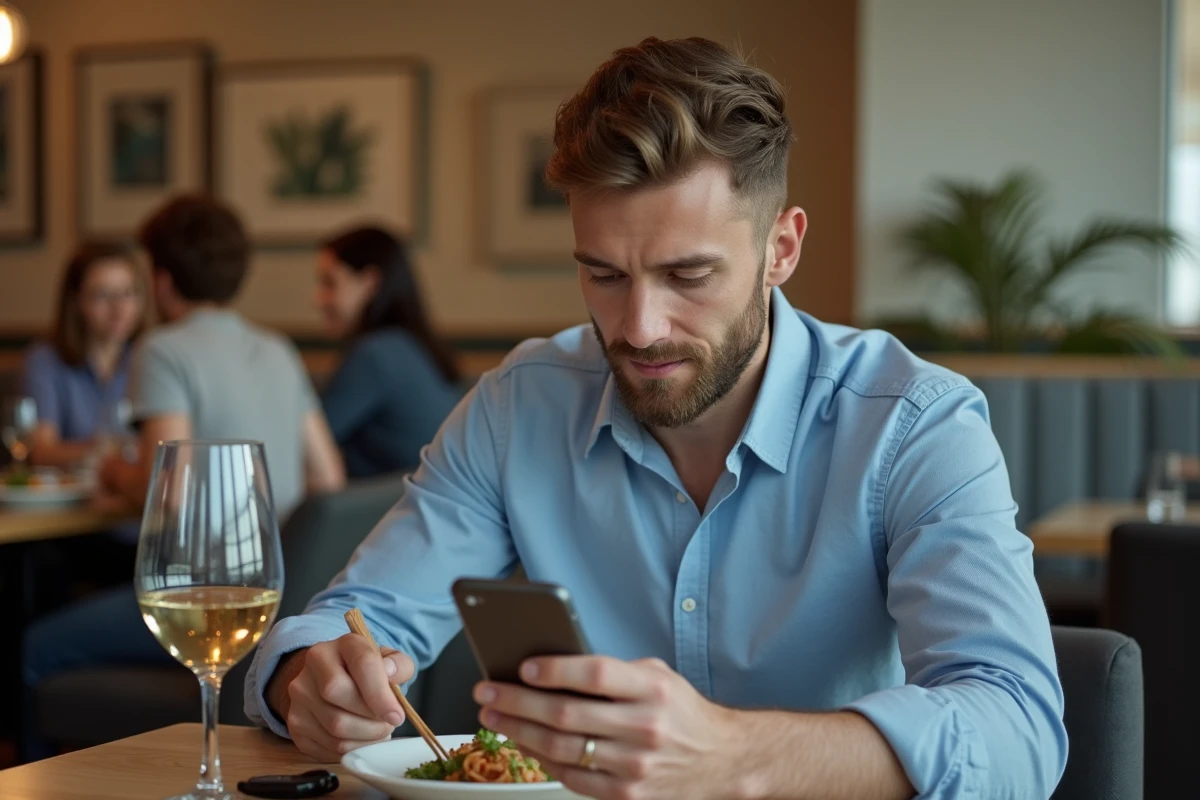 Homme en tenue décontractée regardant son smartphone au restaurant