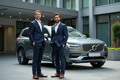 Homme en costume avec voiture de luxe devant un bâtiment moderne