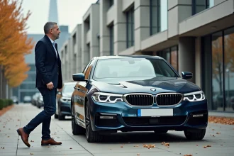 Homme examine une BMW dans un concessionnaire en automne
