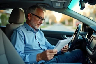 Homme d'âge moyen examinant un manuel de radio dans sa voiture