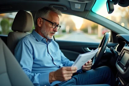Homme d'âge moyen examinant un manuel de radio dans sa voiture