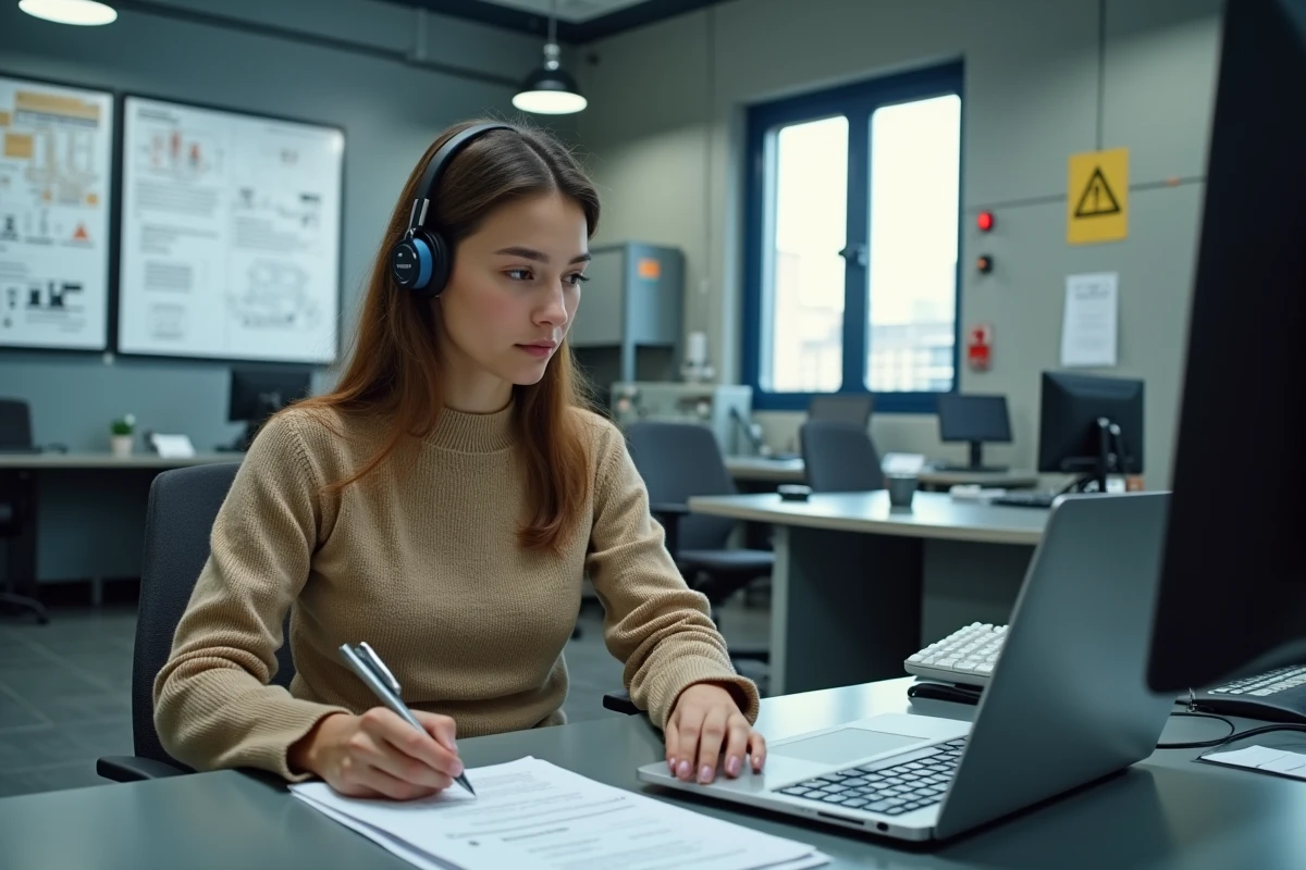 Jeune ingénieure contrôlant un système sur son ordinateur