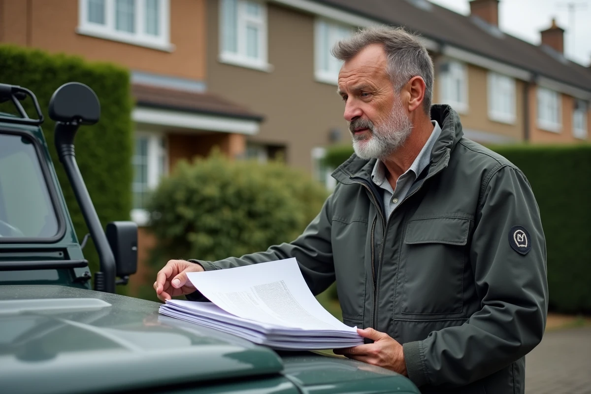 Homme inspectant documents sur une voiture en banlieue