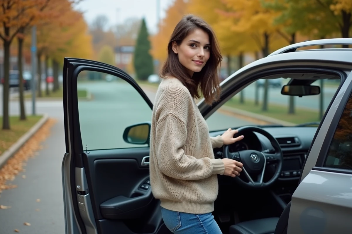 Jeune femme réglant la radio de sa voiture dans un parking