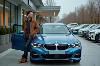 Jeune homme devant une BMW 2026 tii dans un concessionnaire