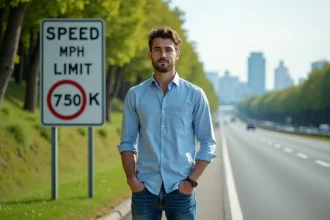 Jeune homme à côté d'un panneau de vitesse sur la route