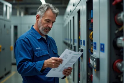 Technicien électrique vérifiant un panneau industriel