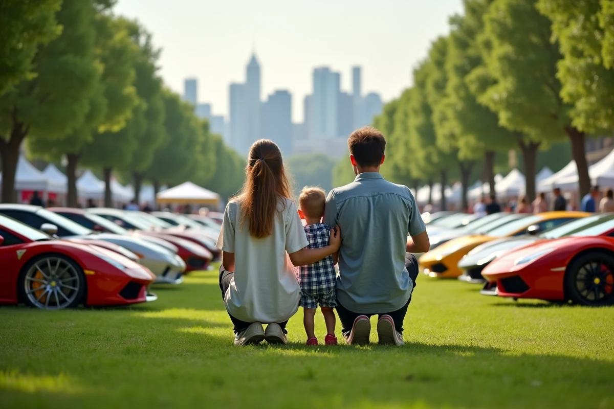 Famille regardant des voitures sportives colorées en plein air