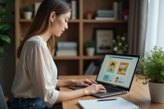 Femme assise à un bureau moderne en train de naviguer sur un site web