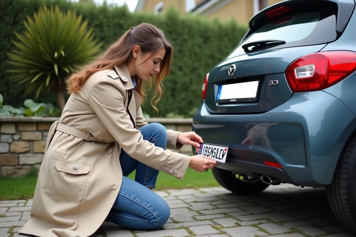 Femme posant une nouvelle plaque d immatriculation sur voiture