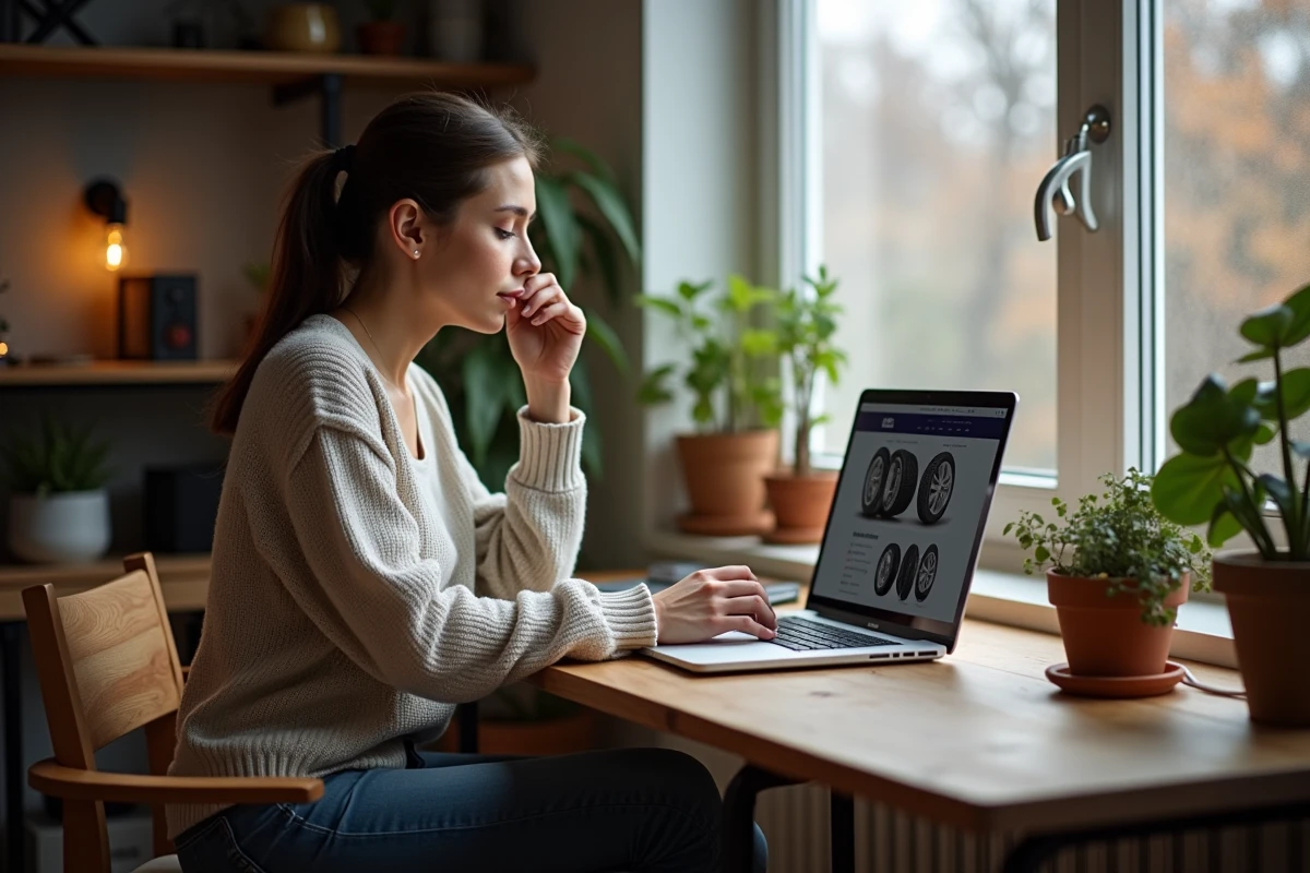 Femme regardant un site de pneus sur son ordinateur portable