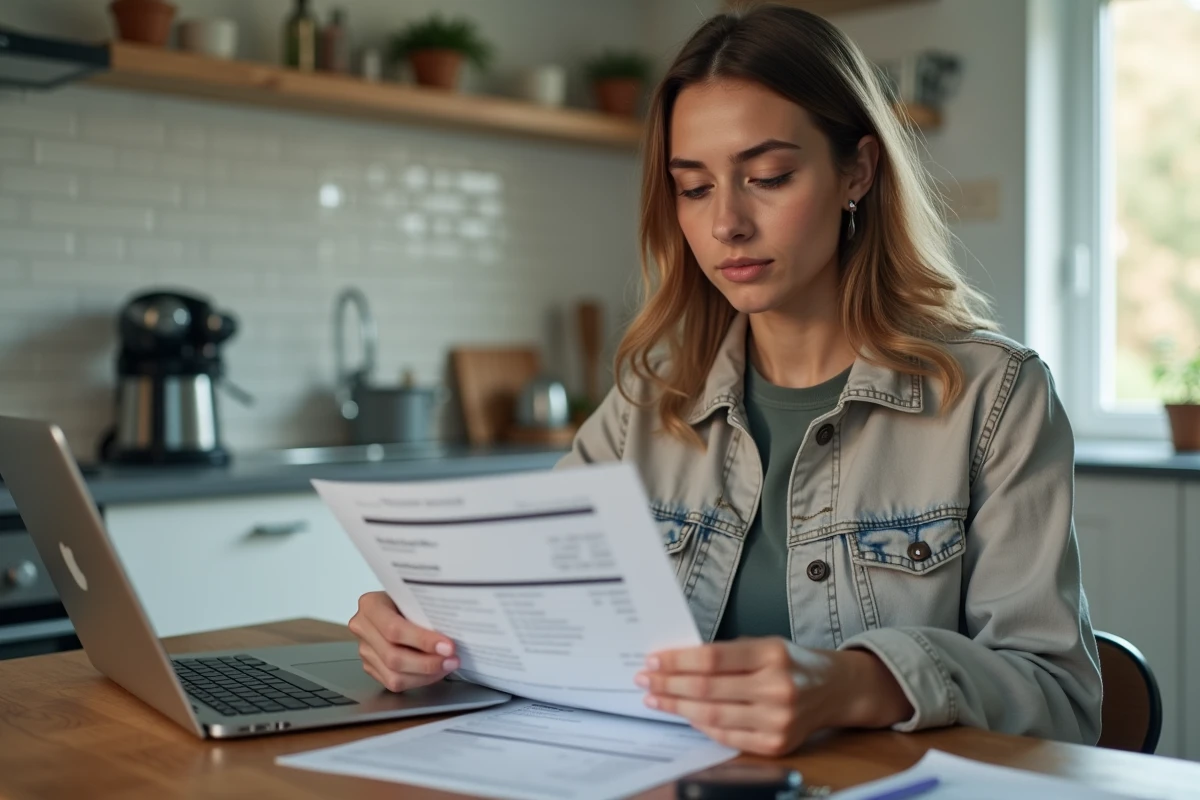 Jeune femme consultant une facture auto dans une cuisine