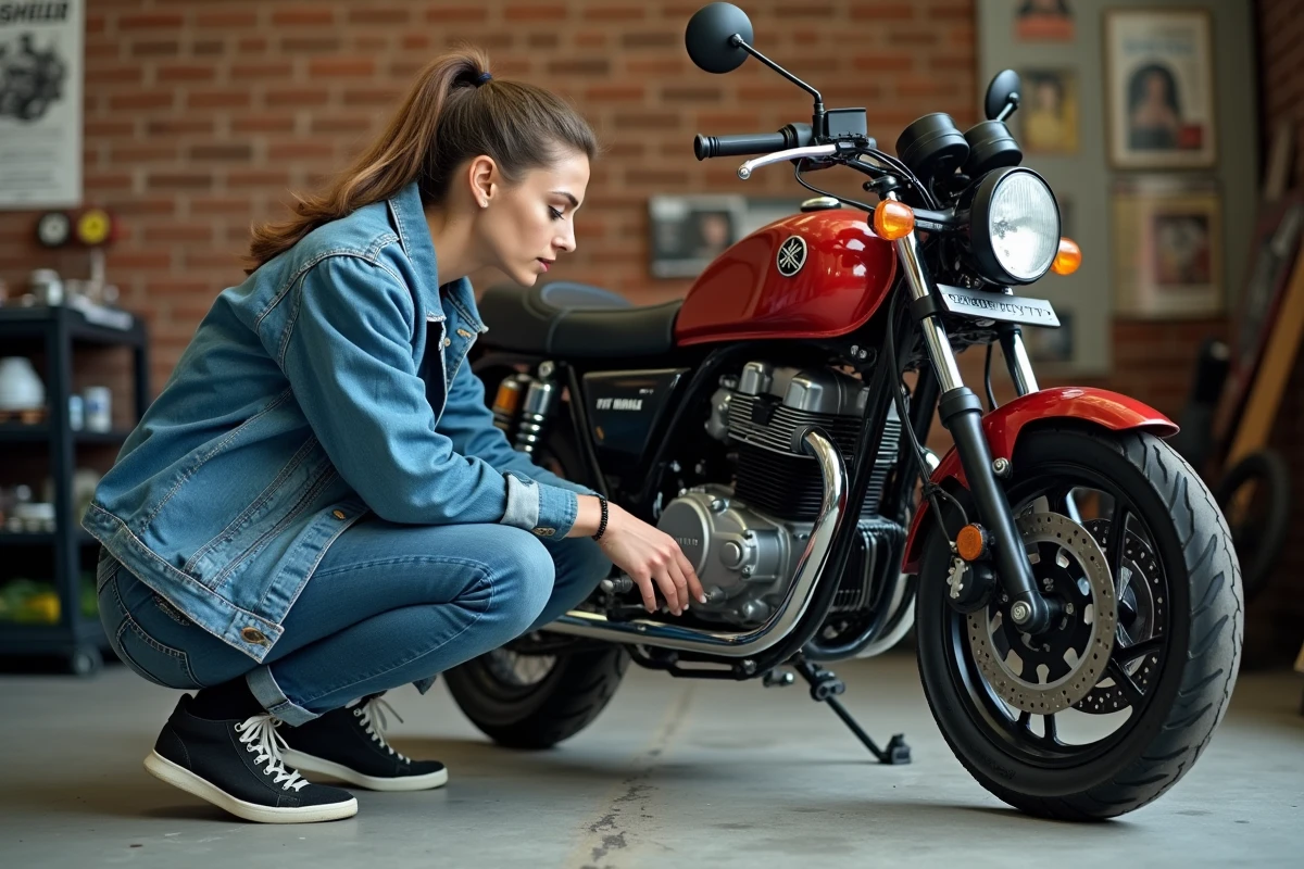 Femme inspectant la roue avant d