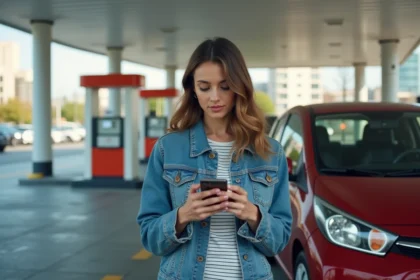 Jeune femme vérifiant son smartphone à côté de sa voiture en ville