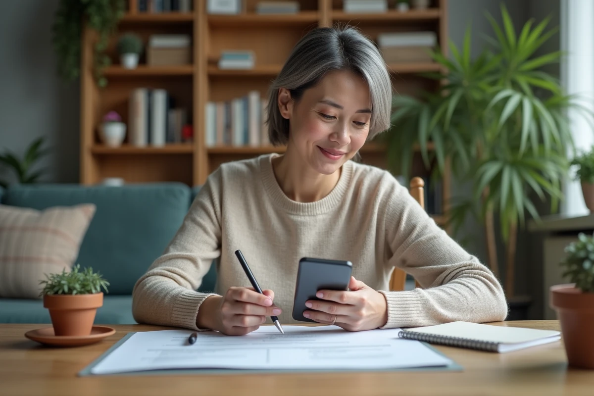 Femme parle au téléphone avec documents de voiture sur la table