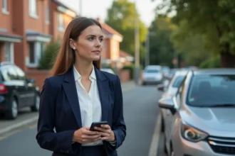 Femme en costume debout près d'une voiture en ville