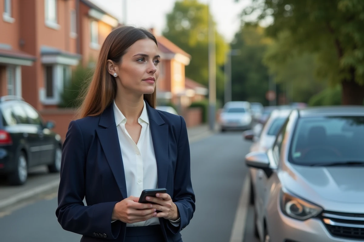 Femme en costume debout près d'une voiture en ville