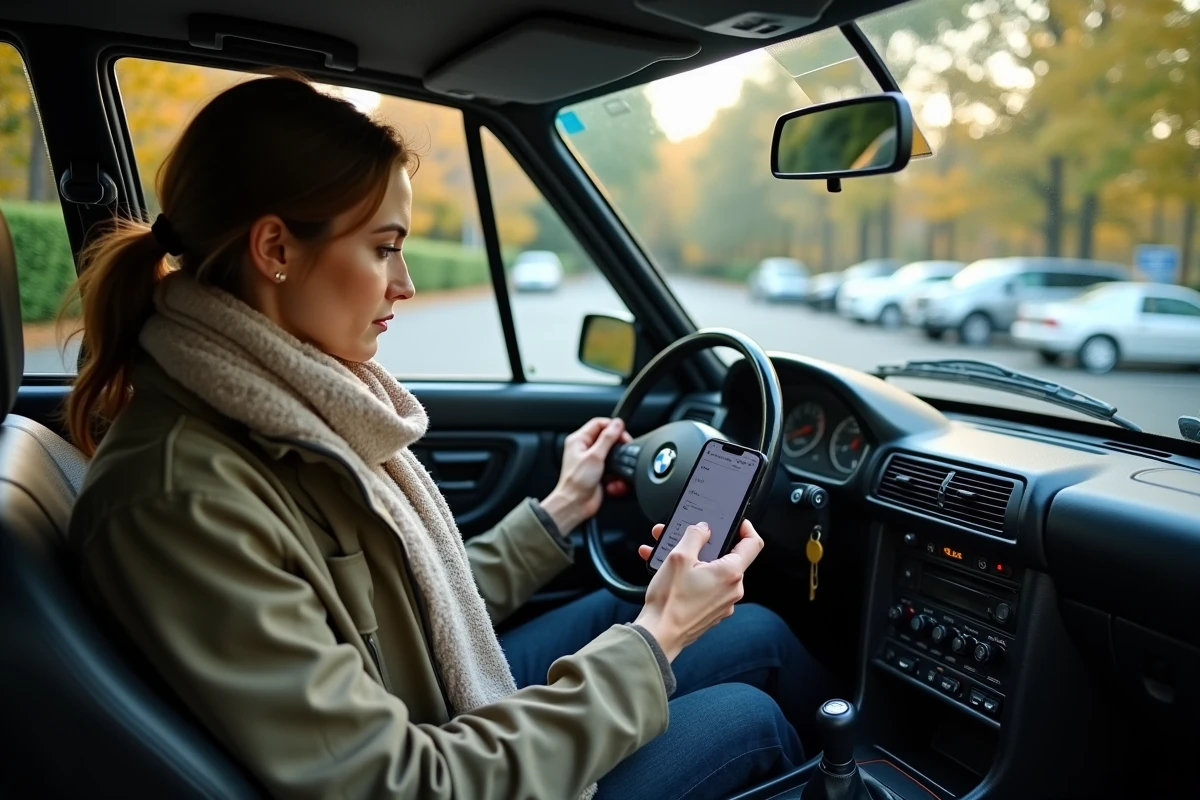 Femme vérifiant le numéro VIN dans une BMW vintage en parking